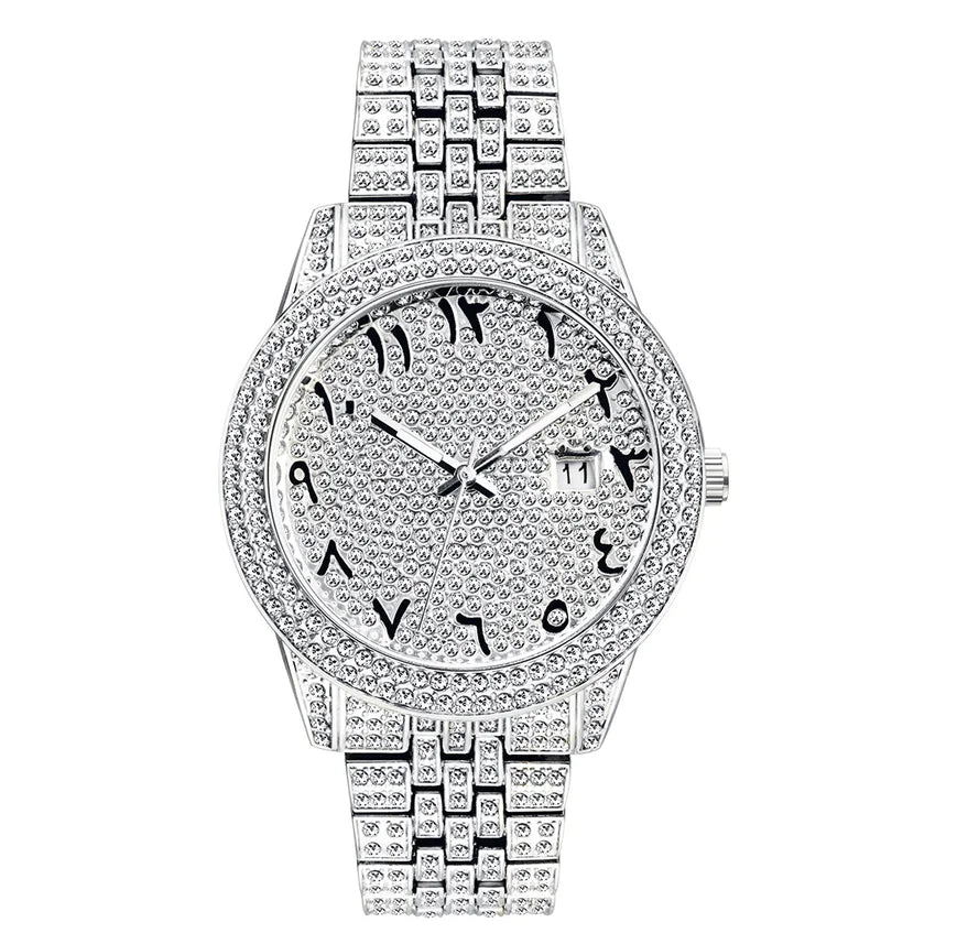 Luxury Full Diamond Arabic Sky Star Quartz Watch – Waterproof, Calendar, Men's