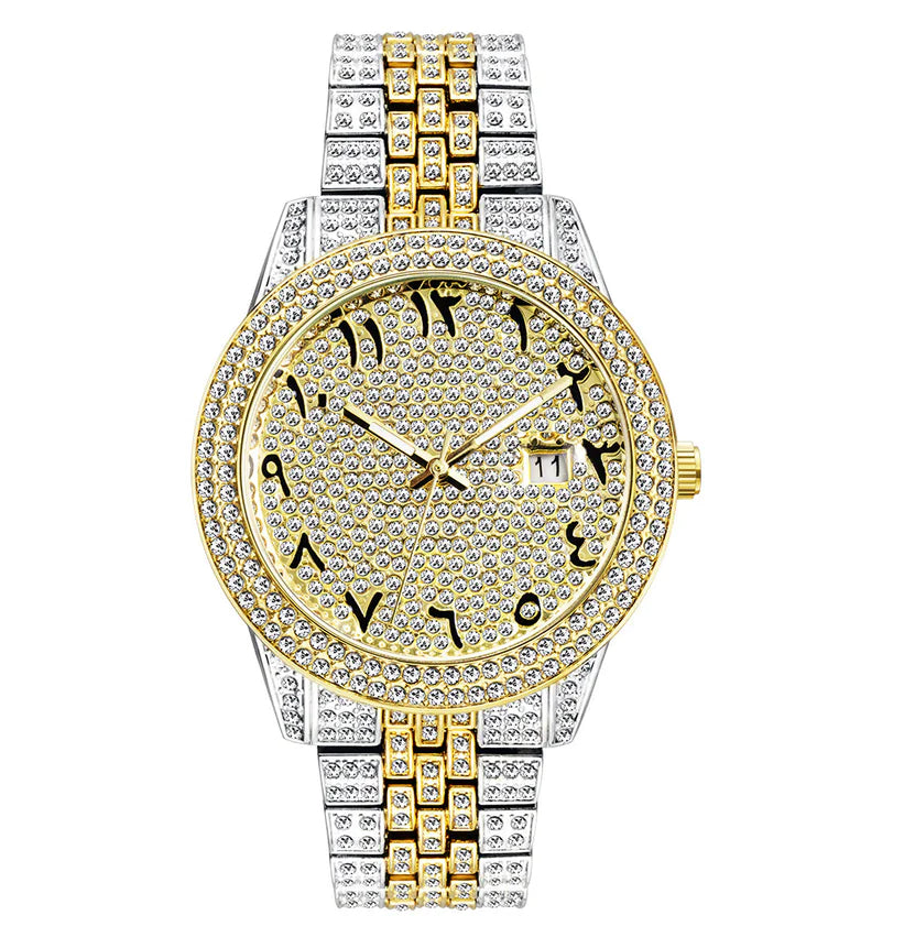 Luxury Full Diamond Arabic Sky Star Quartz Watch – Waterproof, Calendar, Men's